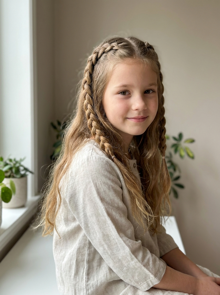 Zwei Dutch Braids mit offenem Ende als Flechtfrisuren für Kinder Inspiration 2026